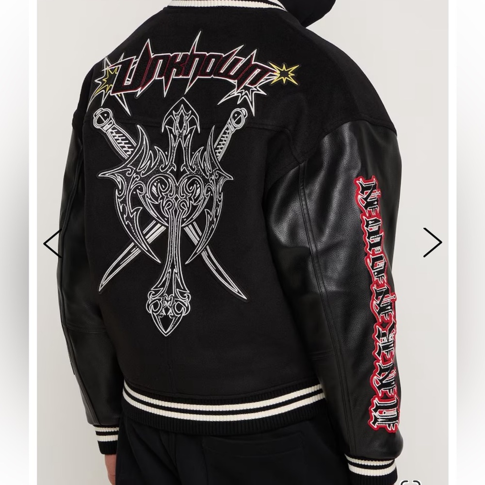 Unknown
Logo embroidered tech varsity jacket